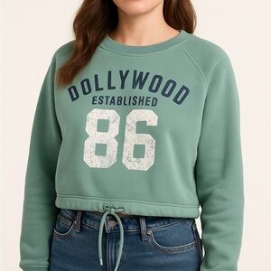 Dollywood est 86 Cropped Sweatshirt Green Pullover Crewneck Drawstring Women’s M